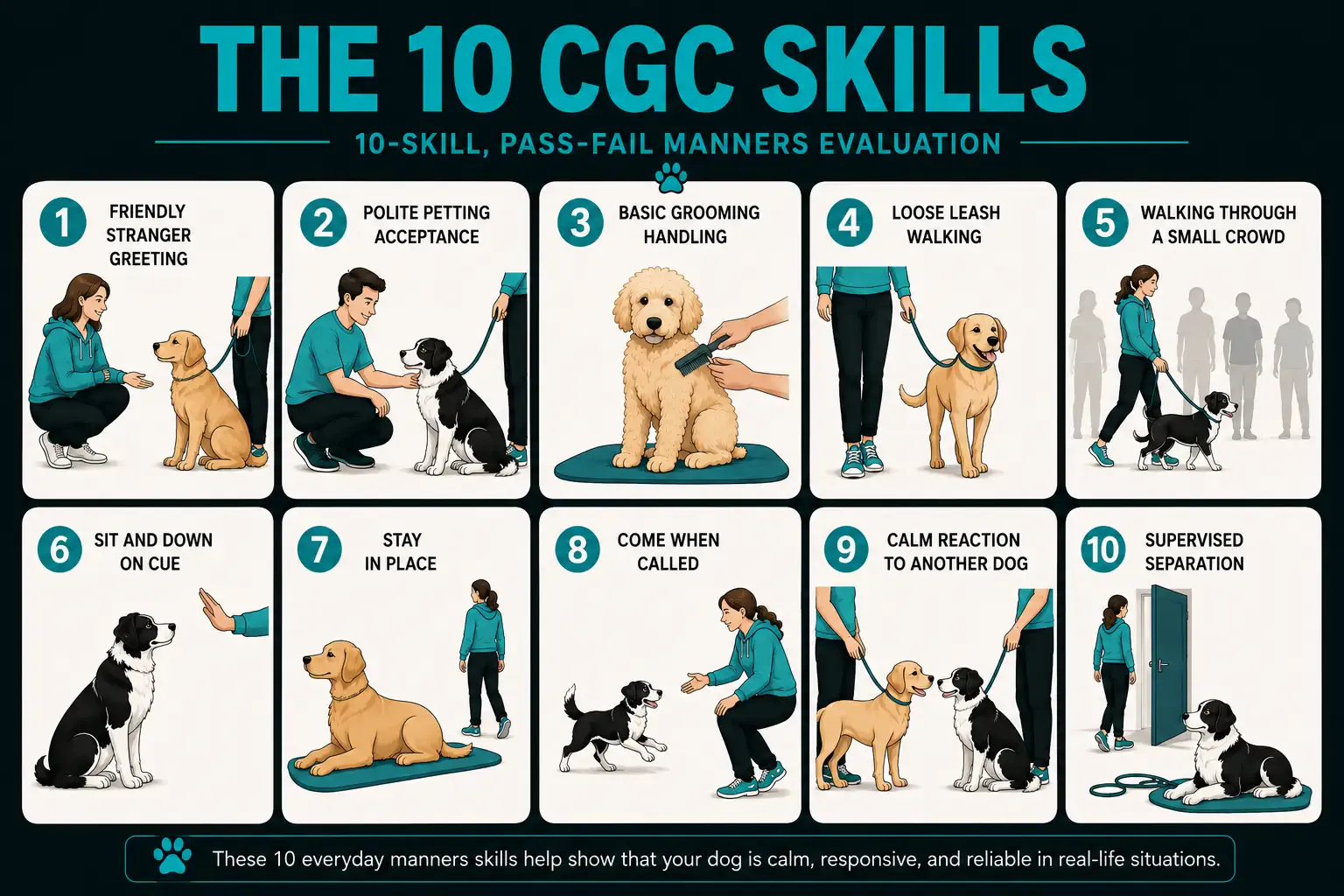 Infographic showing the 10 Canine Good Citizen skills, including greetings, leash walking, recall, handling, and separation.