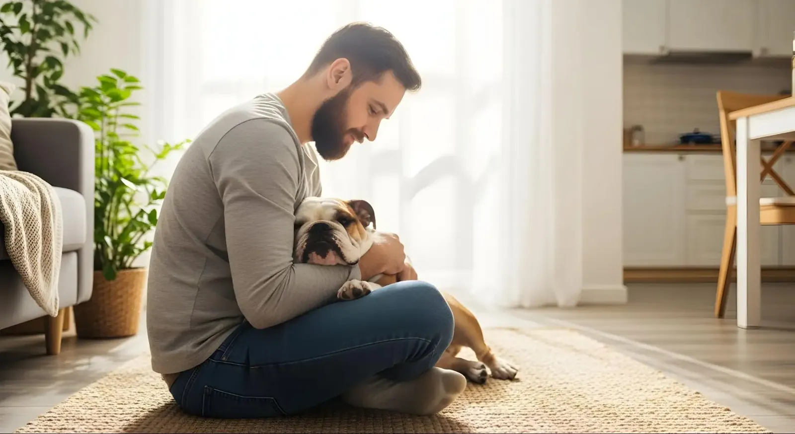 Man sitting on the floor and hugging a bulldog in a bright living room.