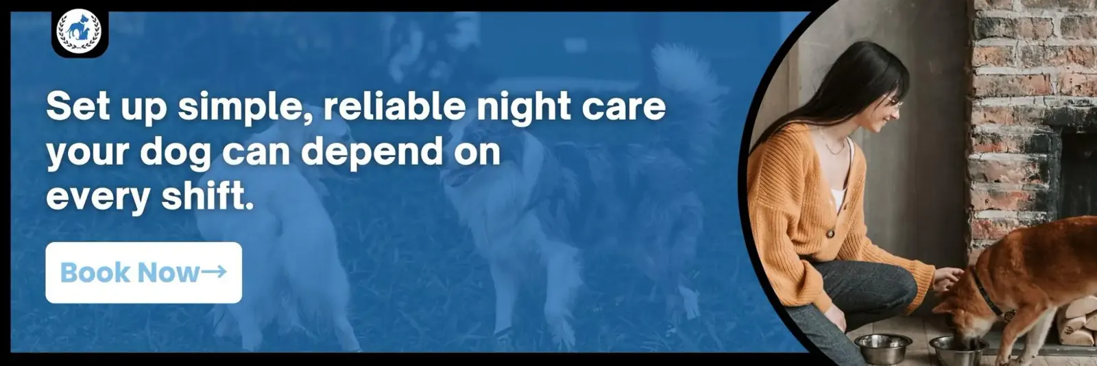 Night-shift dog care banner featuring a woman caring for a dog at home with text promoting reliable overnight care for every shift.