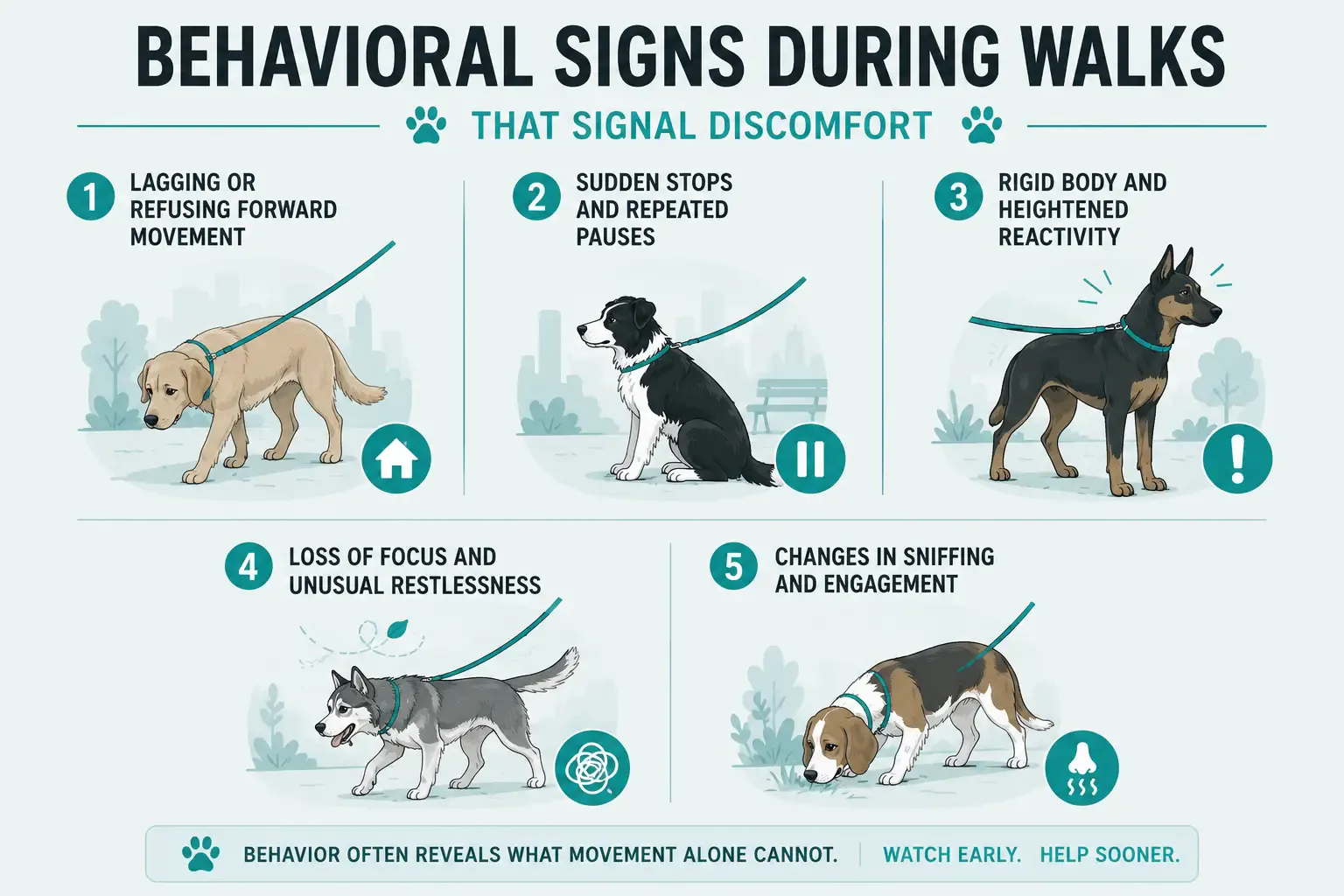 Infographic showing five behavioral signs of discomfort during dog walks, including lagging, repeated stops, reactivity, restlessness, and changes in sniffing.