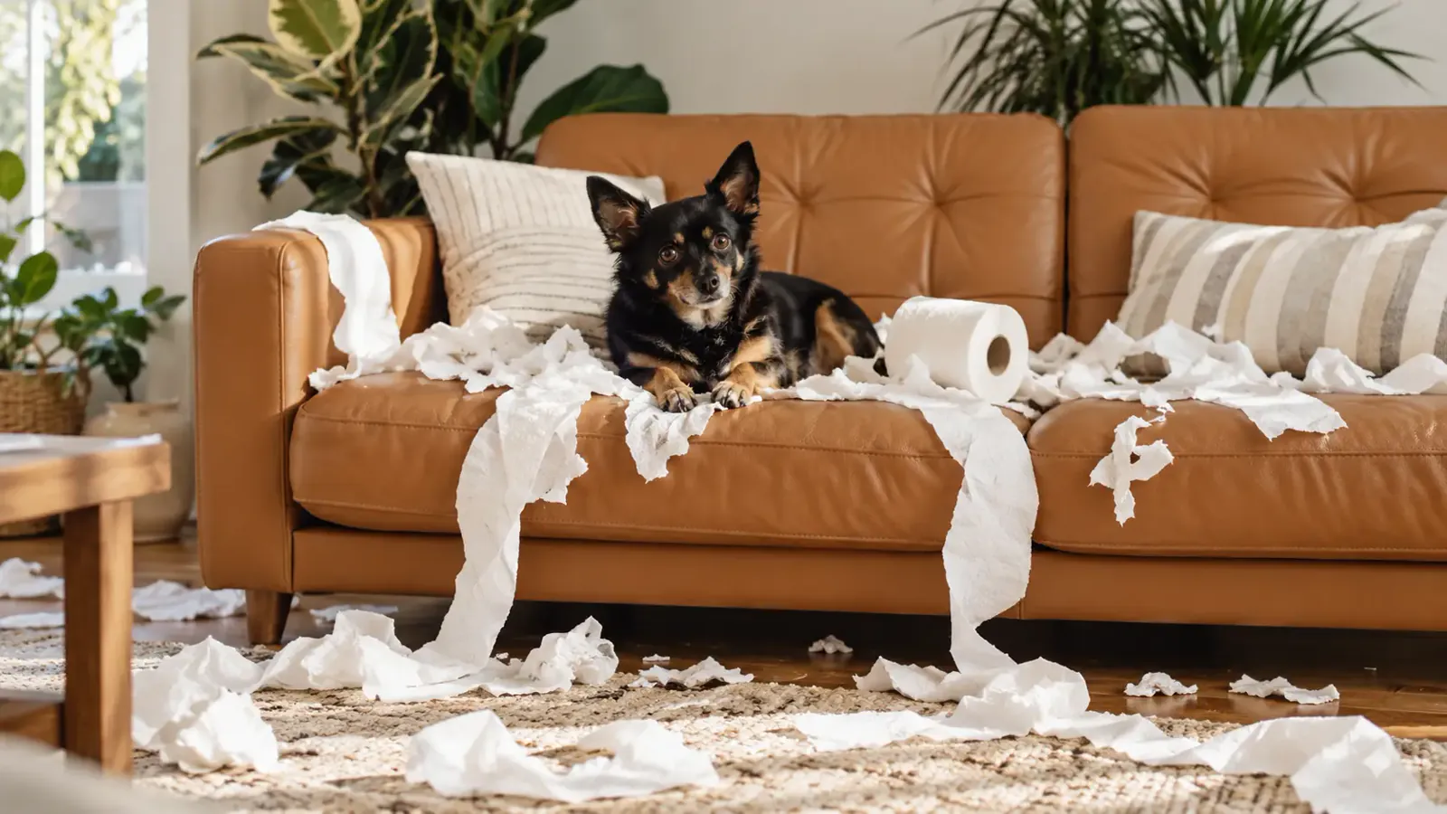 Small black and tan dog lying on a brown leather sofa surrounded by shredded toilet paper scattered across the cushions and floor.