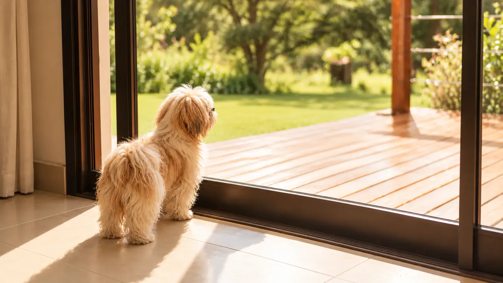 Small fluffy tan dog standing indoors by a sliding glass door, looking out at a sunlit deck and backyard.