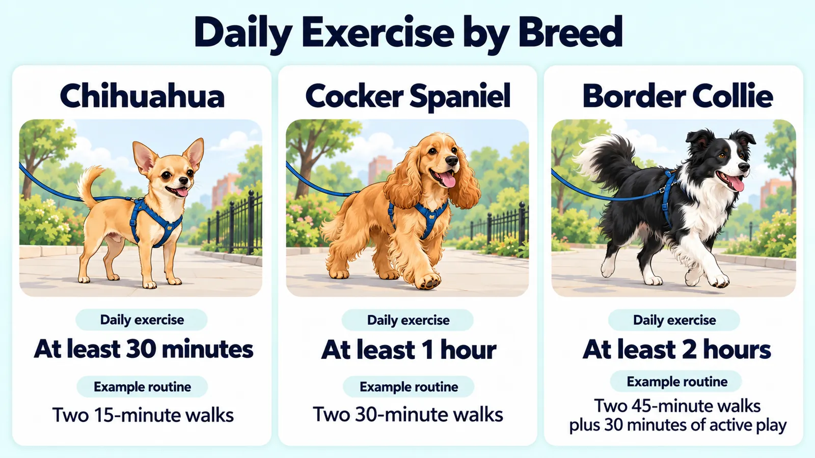 Daily exercise infographic showing at least 30 minutes for Chihuahuas, 1 hour for Cocker Spaniels, and 2 hours for Border Collies, with example walking routines.