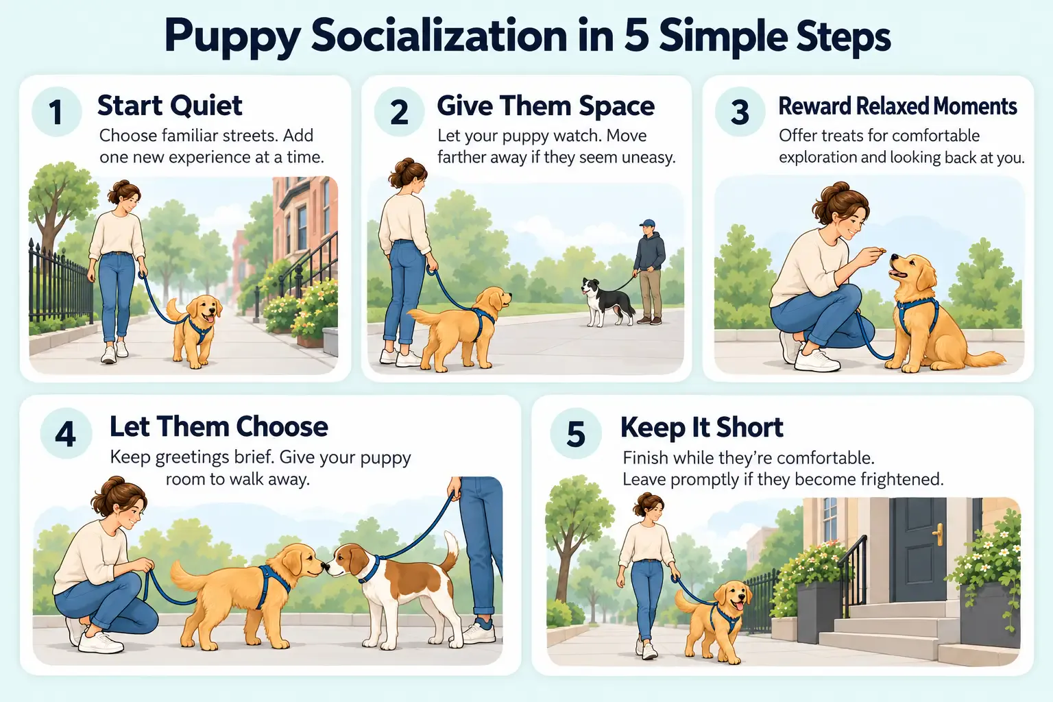 Five steps for puppy socialization on walks: start quiet, give space, reward relaxed moments, let your puppy choose greetings, and keep outings short.