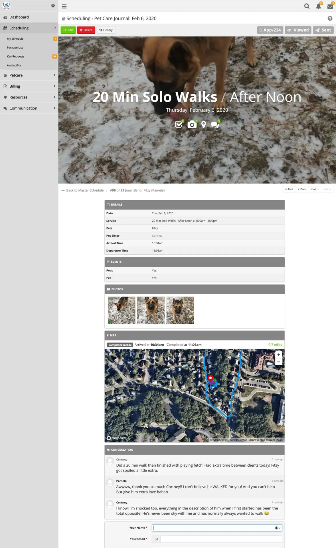 Client portal showing a GPS-tracked dog walk